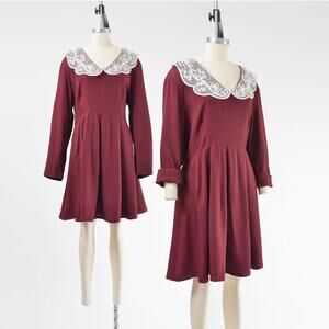 Vintage 90s Burgundy Lace Collared Cute Grannycore Babydoll Mini Dress XL